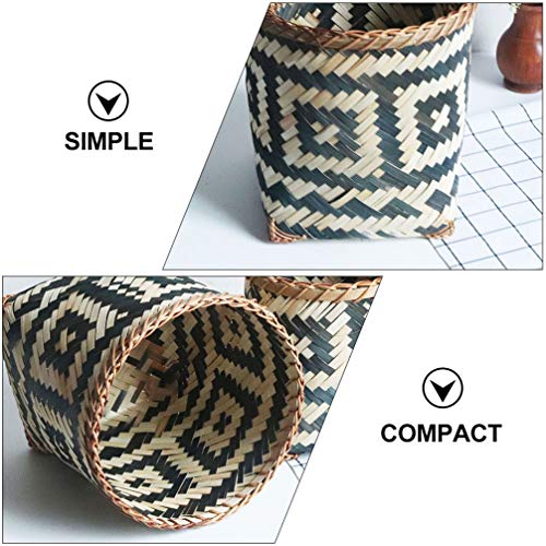 BESPORTBLE Round Bamboo Waste Basket Rattan Trash Can Straw Storage Baskets Wooden Garbage Can Decorative Laundry Hamper Flower Basket Vase