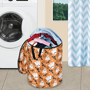 Ghost Happy Halloween Bat Pop Up Laundry Hamper with Lid Foldable Storage Basket Collapsible Laundry Bag for Camping Hotel Dormitory