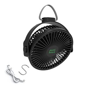minthouz portable camping fan, 4000mah rechargeable battery operated fan with hook, 4-speed usb fan with hanging rope, 360° adjustable personal fan for desktop tent treadmill rv golf cart