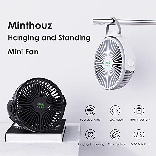 Minthouz Portable Camping Fan, 4000mAh Rechargeable Battery Operated Fan with Hook, 4-Speed USB Fan with Hanging Rope, 360° Adjustable Personal Fan for Desktop Tent Treadmill RV Golf Cart