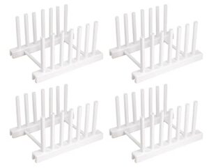halyuhn white plate organizer for cabinet 4 pack, plstic plate rack stand keep dry for dish, bowl, bakeware, serving tray and more, plate holder for cabinet rack, dish organizer rack for cabinet