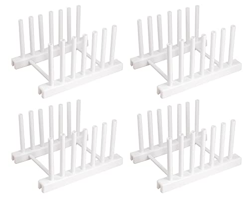 Halyuhn White Plate Organizer for Cabinet 4 Pack, Plstic Plate Rack Stand Keep Dry for Dish, Bowl, Bakeware, Serving Tray and More, Plate Holder for Cabinet Rack, Dish Organizer Rack for Cabinet