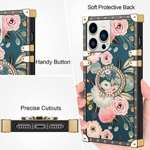 HoneyAKE Compatible with iPhone 13 Pro Max Case with Kickstand Women Girls Soft TPU Shockproof Protective Heavy Duty Metal Reinforced Square Phone Case Cover for iPhone 13 Pro Max 6.7 inch Flower