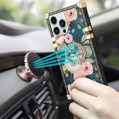 HoneyAKE Compatible with iPhone 13 Pro Max Case with Kickstand Women Girls Soft TPU Shockproof Protective Heavy Duty Metal Reinforced Square Phone Case Cover for iPhone 13 Pro Max 6.7 inch Flower