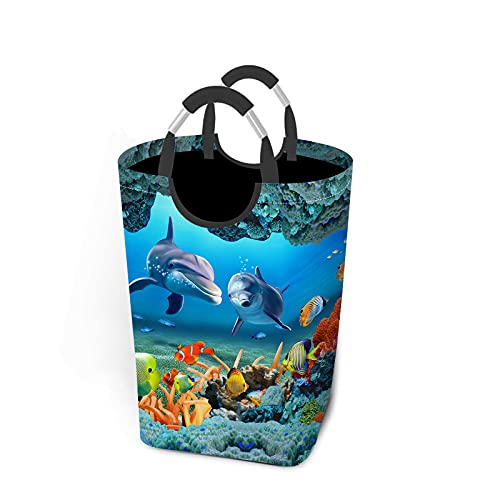 Wondertify 3D Dolphins Corals Laundry Hamper Ocean Undersea World Clothes Basket With Easy Carry Handles For Clothes Organizer Toys Storage