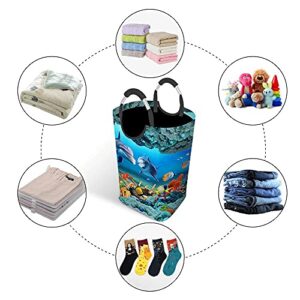 Wondertify 3D Dolphins Corals Laundry Hamper Ocean Undersea World Clothes Basket With Easy Carry Handles For Clothes Organizer Toys Storage