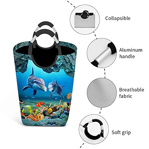 Wondertify 3D Dolphins Corals Laundry Hamper Ocean Undersea World Clothes Basket With Easy Carry Handles For Clothes Organizer Toys Storage