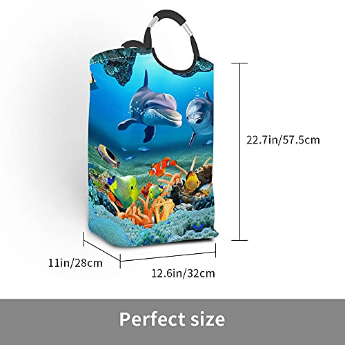 Wondertify 3D Dolphins Corals Laundry Hamper Ocean Undersea World Clothes Basket With Easy Carry Handles For Clothes Organizer Toys Storage