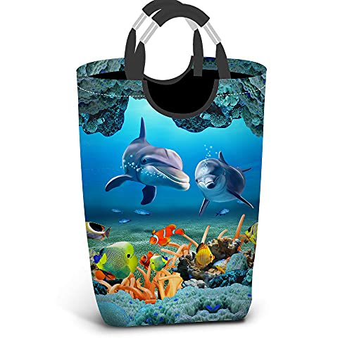 Wondertify 3D Dolphins Corals Laundry Hamper Ocean Undersea World Clothes Basket With Easy Carry Handles For Clothes Organizer Toys Storage