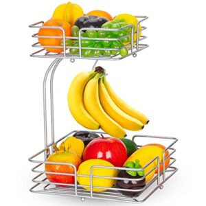 auledio 2-tier square countertop fruit vegetables basket bowl storage with banana hanger,sliver