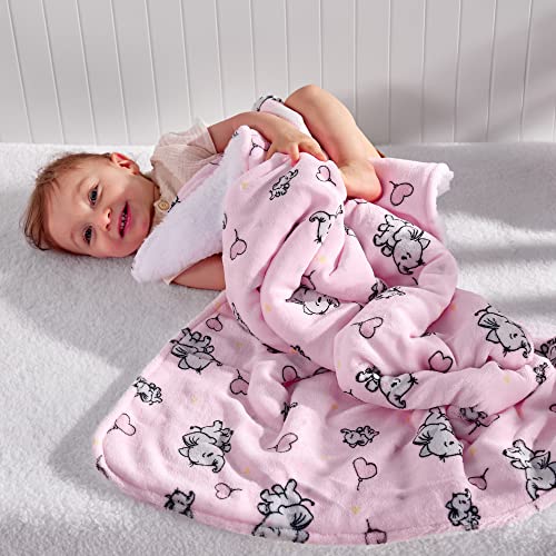 DaysU Plush Flannel Sherpa Baby Blanket for Girls Boys, Portable Reversible Soft Micro Fleece Baby Crib Throw Blanket with Animal Print for Newborn and Nursery, Elephant, 30"x40"