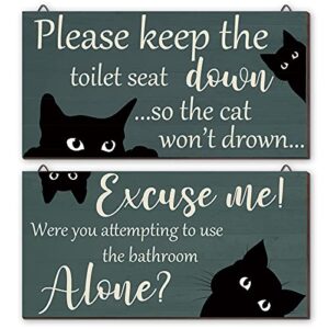 2 pieces funny cat bathroom wood wall decor put the toilet seat down bathroom wall art sign black cute cat wooden bathroom sign vintage bathroom art sign for powder room restroom hanging decoration