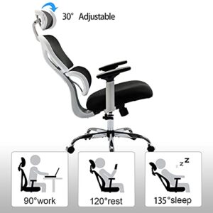 KERDOM Ergonomic Office Chair, Home Desk Chair, Comfy Breathable Mesh Task Chair, High Back Thick Cushion Computer Chair with Headrest and 3D Armrests, Adjustable Height Home Gaming Chair S-White