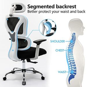 KERDOM Ergonomic Office Chair, Home Desk Chair, Comfy Breathable Mesh Task Chair, High Back Thick Cushion Computer Chair with Headrest and 3D Armrests, Adjustable Height Home Gaming Chair S-White