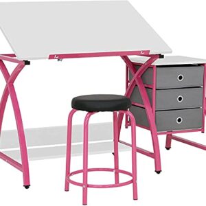 Offex 2 Piece Venus Craft Table with Angle Adjustable Top and 20.5" H Matching Padded Stool, Pink/White - Great for Home, Office, Kids Room and More