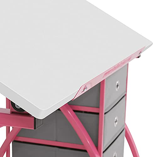 Offex 2 Piece Venus Craft Table with Angle Adjustable Top and 20.5" H Matching Padded Stool, Pink/White - Great for Home, Office, Kids Room and More