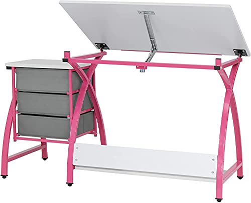 Offex 2 Piece Venus Craft Table with Angle Adjustable Top and 20.5" H Matching Padded Stool, Pink/White - Great for Home, Office, Kids Room and More