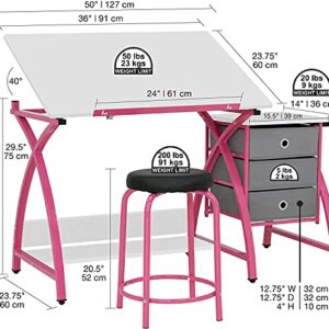 Offex 2 Piece Venus Craft Table with Angle Adjustable Top and 20.5" H Matching Padded Stool, Pink/White - Great for Home, Office, Kids Room and More