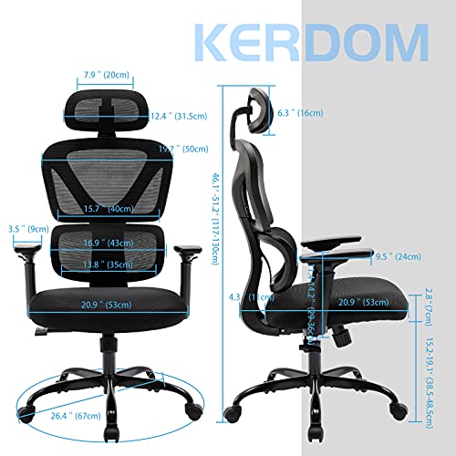 KERDOM Ergonomic Office Chair, Home Desk Chair, Comfy Breathable Mesh Task Chair, High Back Thick Cushion Computer Chair with Headrest and 3D Armrests, Adjustable Height Home Gaming Chair