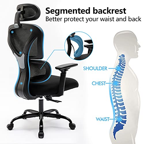 KERDOM Ergonomic Office Chair, Home Desk Chair, Comfy Breathable Mesh Task Chair, High Back Thick Cushion Computer Chair with Headrest and 3D Armrests, Adjustable Height Home Gaming Chair