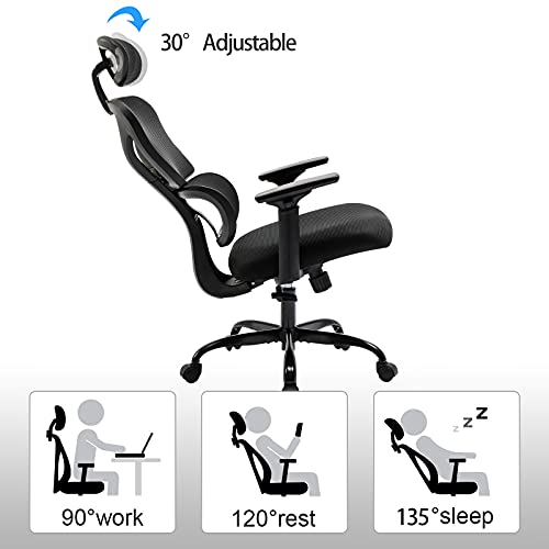 KERDOM Ergonomic Office Chair, Home Desk Chair, Comfy Breathable Mesh Task Chair, High Back Thick Cushion Computer Chair with Headrest and 3D Armrests, Adjustable Height Home Gaming Chair