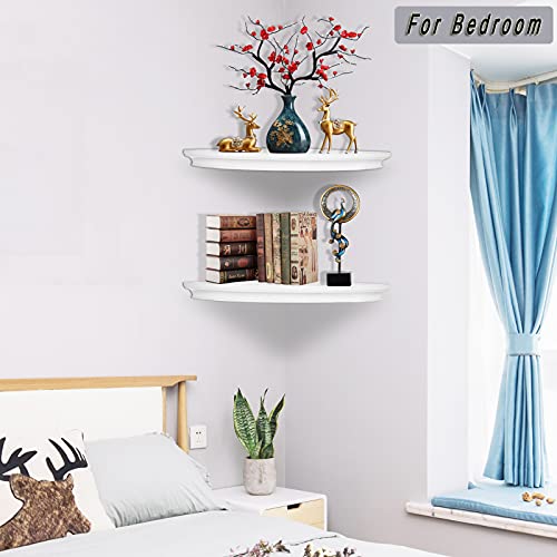 HAO Floating Corner Shelf Invisible Wall Mounted Shelves Radial Shape Cable Wire Hole Pattern Perfect for Bedroom Bathroom Living Room Kitchen Set of 2 White