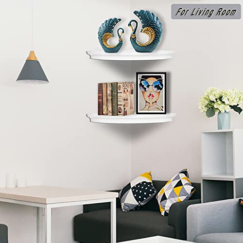 HAO Floating Corner Shelf Invisible Wall Mounted Shelves Radial Shape Cable Wire Hole Pattern Perfect for Bedroom Bathroom Living Room Kitchen Set of 2 White