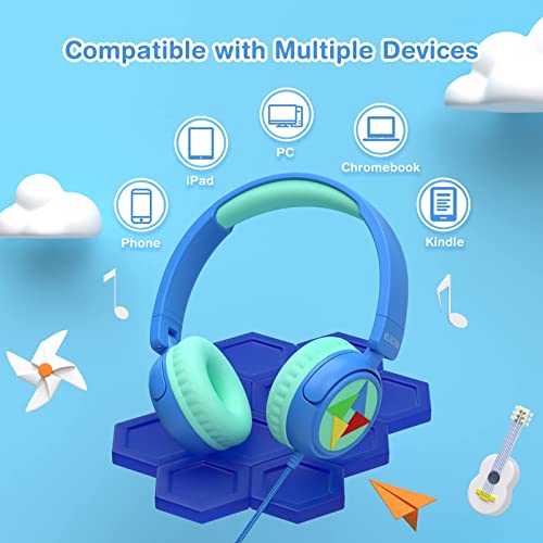 ELECDER i43 Kids Headphones with Microphone 85dB 94dB Volume Limited 3.5mm Jack Foldable Adjustable Wired On Ear Headphones for Children Girls Boys Teens Cellphones PC Kindle School Tablet Blue/Green