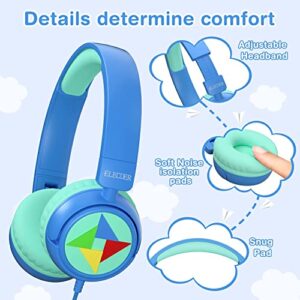 ELECDER i43 Kids Headphones with Microphone 85dB 94dB Volume Limited 3.5mm Jack Foldable Adjustable Wired On Ear Headphones for Children Girls Boys Teens Cellphones PC Kindle School Tablet Blue/Green