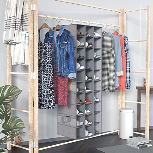 coastal rose Hanging Shoe Closet Organizer, 30 Sections Hanging Closet Organizers and Storage Shelves with 6 Mesh Pockets, Space Saving Shoe Rack Holder Hanger, Grey