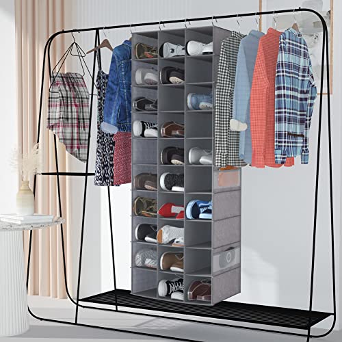 coastal rose Hanging Shoe Closet Organizer, 30 Sections Hanging Closet Organizers and Storage Shelves with 6 Mesh Pockets, Space Saving Shoe Rack Holder Hanger, Grey