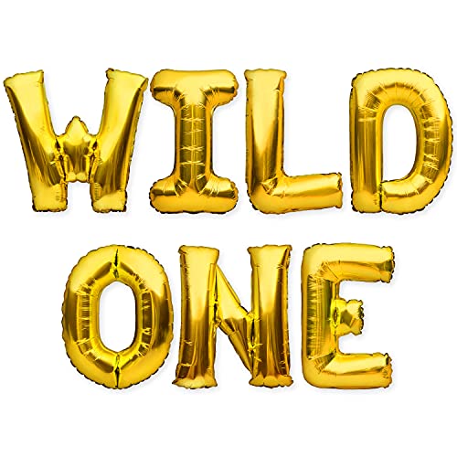 PartyForever Wild One Balloons Banner Gold Foil 1st Birthday Party Decorations and Supplies Sign