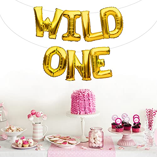 PartyForever Wild One Balloons Banner Gold Foil 1st Birthday Party Decorations and Supplies Sign