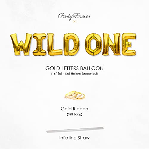 PartyForever Wild One Balloons Banner Gold Foil 1st Birthday Party Decorations and Supplies Sign