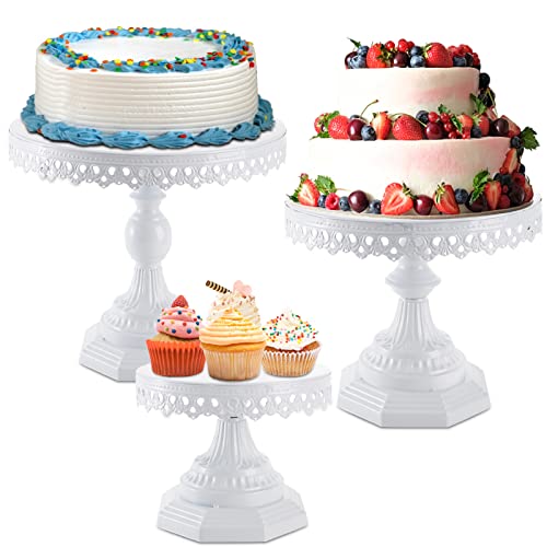 YOUEON Set of 3 White Metal Cake Stands Set, 8/10/12 Inch Round Metal Cupcake Display Stands Dessert Display Stand for Weddings, Birthday, Parties, White, Octangular Pedestal