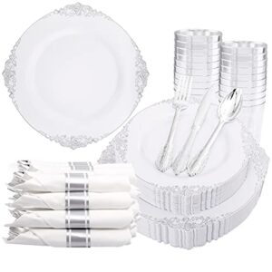 liacere 350pcs silver plastic plates & pre rolled napkins for 50 guests, 100 silver disposable plates, 150 silver plastic silverware, 50cups and 50napkins for wedding & party