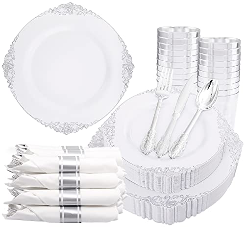 Liacere 350PCS Silver Plastic Plates & Pre Rolled Napkins for 50 Guests, 100 Silver Disposable Plates, 150 Silver Plastic Silverware, 50Cups and 50Napkins for Wedding & Party