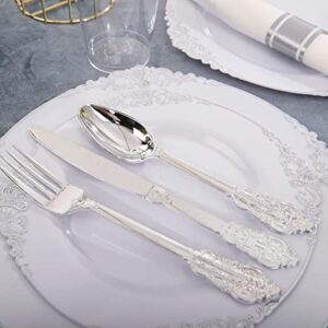 Liacere 350PCS Silver Plastic Plates & Pre Rolled Napkins for 50 Guests, 100 Silver Disposable Plates, 150 Silver Plastic Silverware, 50Cups and 50Napkins for Wedding & Party