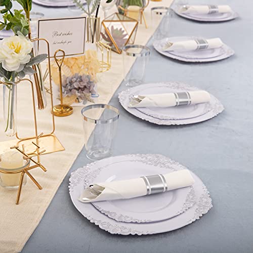 Liacere 350PCS Silver Plastic Plates & Pre Rolled Napkins for 50 Guests, 100 Silver Disposable Plates, 150 Silver Plastic Silverware, 50Cups and 50Napkins for Wedding & Party