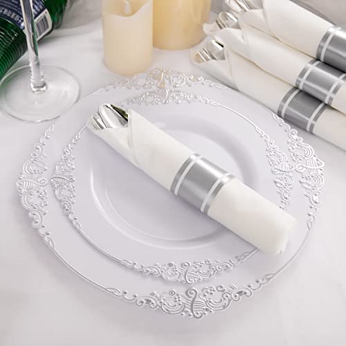 Liacere 350PCS Silver Plastic Plates & Pre Rolled Napkins for 50 Guests, 100 Silver Disposable Plates, 150 Silver Plastic Silverware, 50Cups and 50Napkins for Wedding & Party