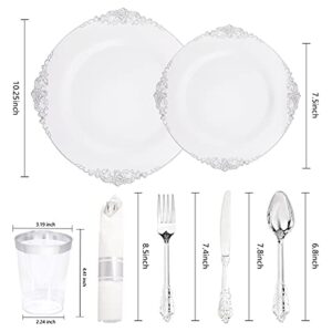 Liacere 350PCS Silver Plastic Plates & Pre Rolled Napkins for 50 Guests, 100 Silver Disposable Plates, 150 Silver Plastic Silverware, 50Cups and 50Napkins for Wedding & Party