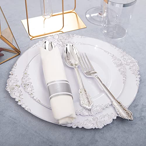 Liacere 350PCS Silver Plastic Plates & Pre Rolled Napkins for 50 Guests, 100 Silver Disposable Plates, 150 Silver Plastic Silverware, 50Cups and 50Napkins for Wedding & Party