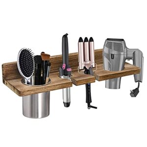 bathroom wall mount hair dryer holder hair care & styling tool organizer, farmhouse wooden beauty hair appliance holder for flat iron, curling wand, hair straighteners, brushes,dark brown
