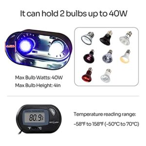 REPTI ZOO Nano Combo Reptile Deep Dome Dual Lamp Fixture and Digital Thermometer Reptile Dual Lamp Cap Combo Integration Design Max 40 Watts Max Bulb Height 4 in Per Socket UVB Light Fixture