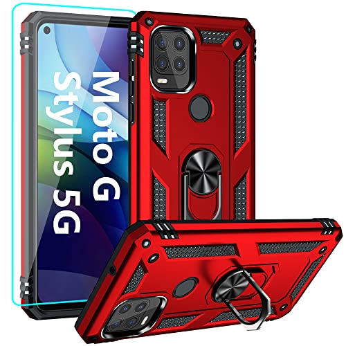 YZOK Compatible with Moto G Stylus 5G Case,with HD Screen Protector,[Military Grade] Ring Car Mount Kickstand Hybrid Hard PC Soft TPU Shockproof Protective Case for Motorola G Stylus 5G (Red)