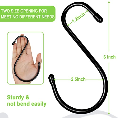 6 Inch Large S Hooks for Hanging,Heavy Duty S Hook with Rubber Stopper S Shaped Hooks for Clothes,Plants,Metal Black S Hangers for Tree Branch,Bird Feeder,Pots and Pans Closet Garden 6 Pack