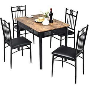 tangkula 5 pieces dining table and chairs set, vintage retro wood top metal frame padded seat dining table set home kitchen dining room furniture