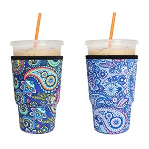 2 Pack Reusable Iced Coffee Sleeves - FRRIOTN Insulator Sleeve for Large Size Cold Beverages, Neoprene Cup Holder for Starbucks Coffee, Dunkin Coffee, More(Retro, Large 32oz)