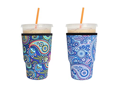 2 Pack Reusable Iced Coffee Sleeves - FRRIOTN Insulator Sleeve for Large Size Cold Beverages, Neoprene Cup Holder for Starbucks Coffee, Dunkin Coffee, More(Retro, Large 32oz)