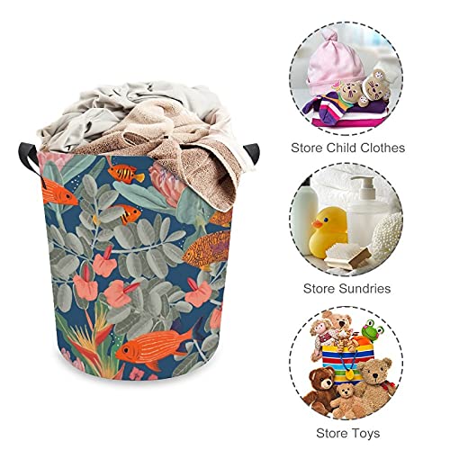 Laundry Basket Tropical Fish And Florals Foldable Laundry Hamper with Handles Collapsible Laundry Bucket for Toy Clothes Book